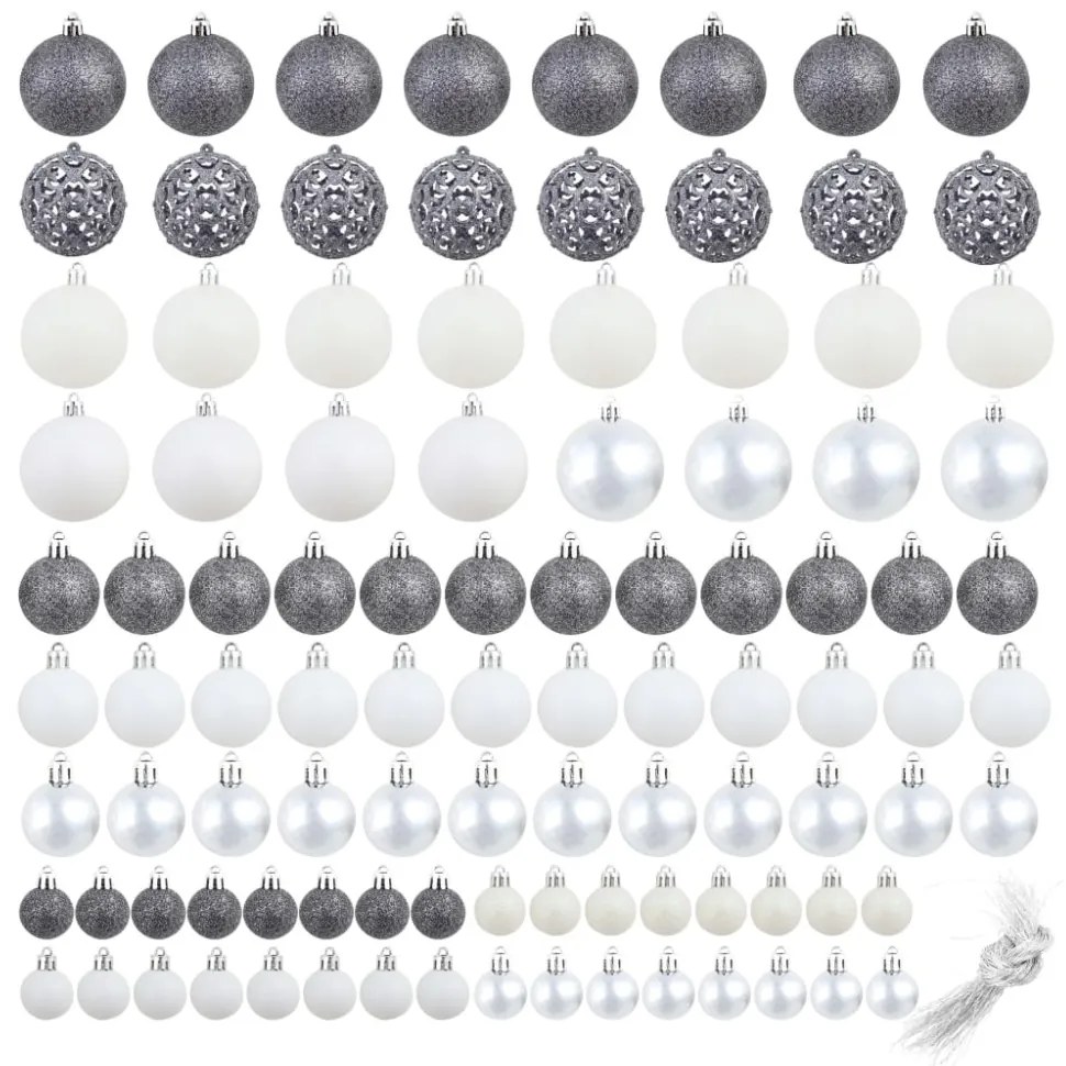100 darabos fehér/szürke karácsonyi gömb készlet 3/4/6 cm