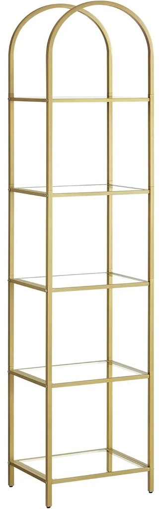 Könyvespolc, 5 szintes íves üveg tároló polc, arany színű