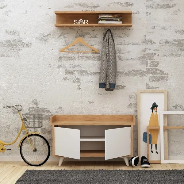 Fali akasztó ARASSO 18,8x80 cm + cipősszekrény 60x90 fehér/barna