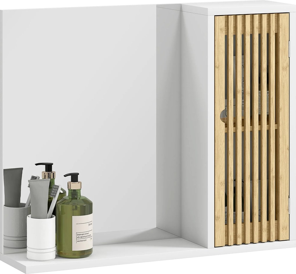 HOMCOM Fürdőszobai Szekrény Tükörrel, Fürdőszobai Tükör Polccal, Bambusz Lécajtóval és Állítható Polccal, 60 x 14 x 50 cm, Fehér | Aosom