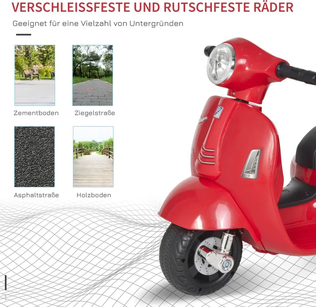 HOMCOM Elektromos gyerekmotor vespa, LED fénnyel, hanggal, 18-36 hónapos korú, piros