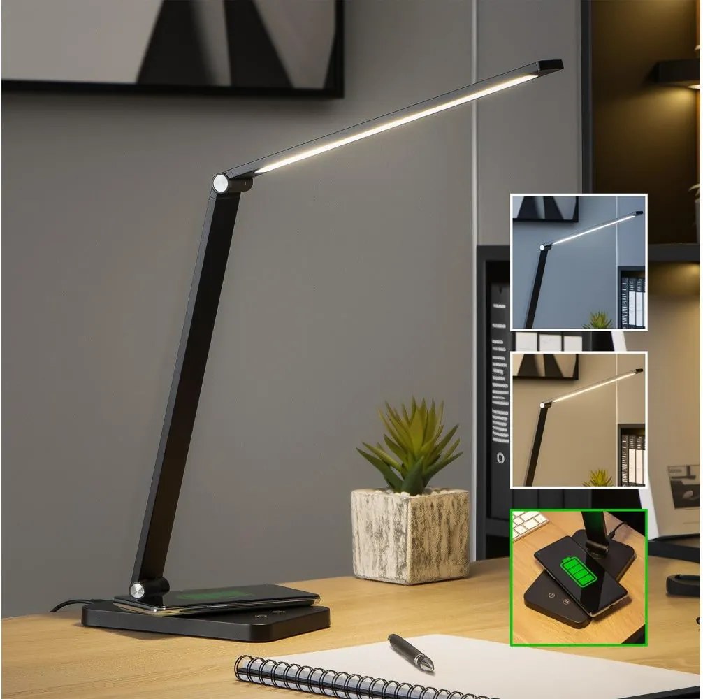 Brilagi - LED érintéses asztali lámpa, dimmelhető, vezeték nélküli QI töltéssel, LED/7W/5V, 3000/4000/6000K, fekete