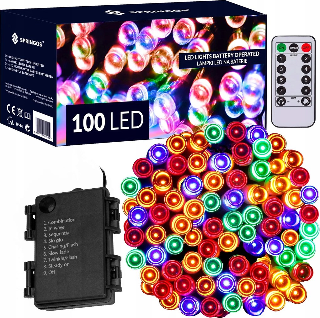 Karácsonyfa fényfüzér 100 Led 10m Kültéri Távirányító Füzér IP44 Elemes