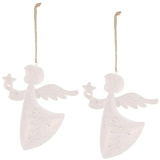 Függő karácsonyi dekoráció Angyal 2 db, fém, fehér