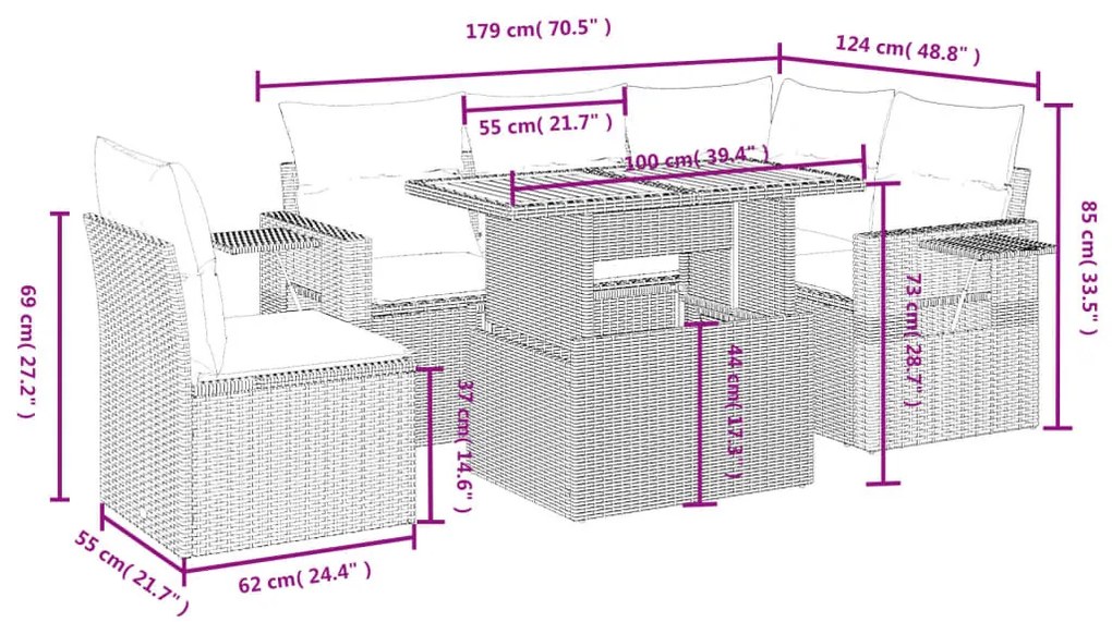 6 részes bézs polyrattan kerti ülőgarnitúra párnával