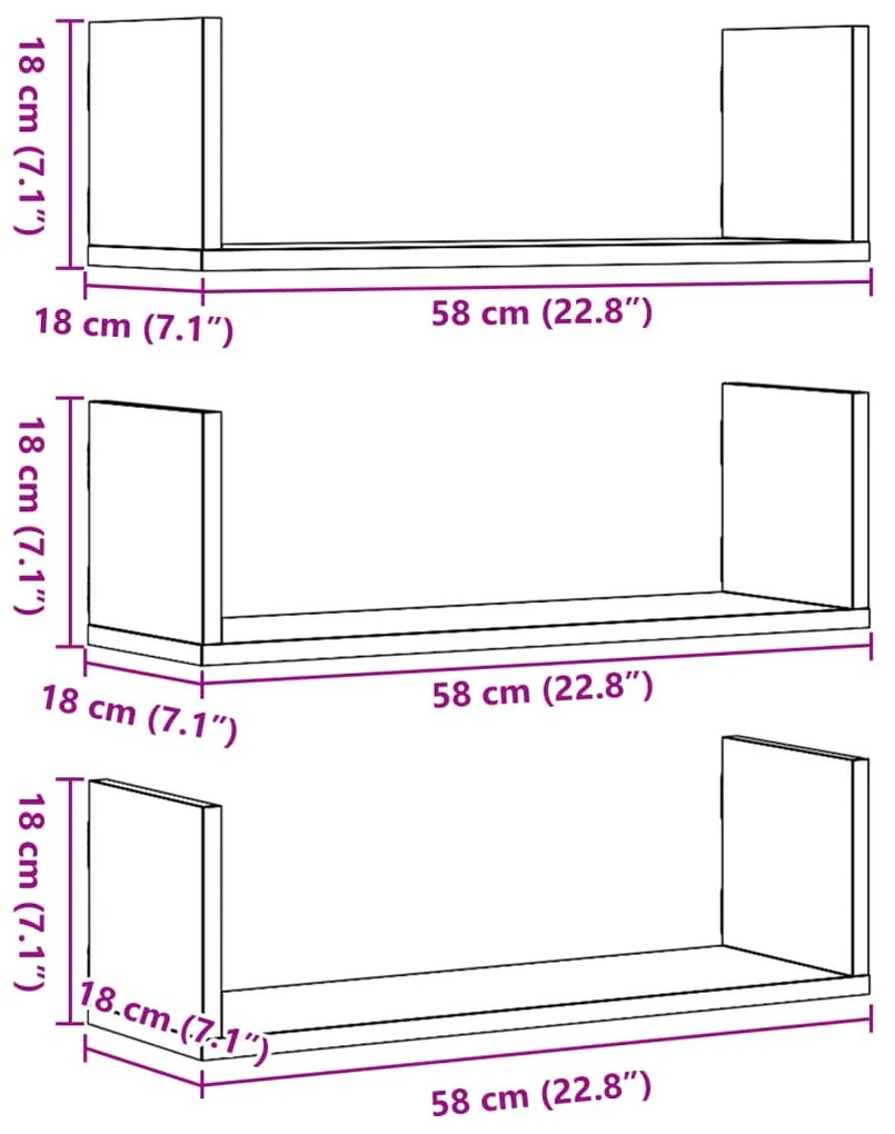 3 db antik fa színű szerelt fa fali polc 58 x 18 x 18 cm