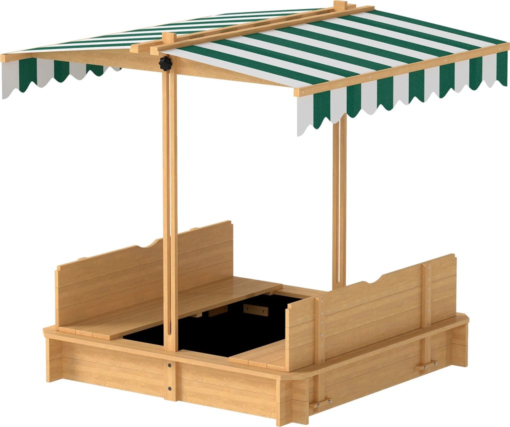 Outsunny Gyermek Fa Homokozó Állítható Napernyővel, 2 Pad és Leválasztható Háttámlákkal Kertre 106x106x115 cm Természetes Fa Zöld és Fehér Csíkokkal |