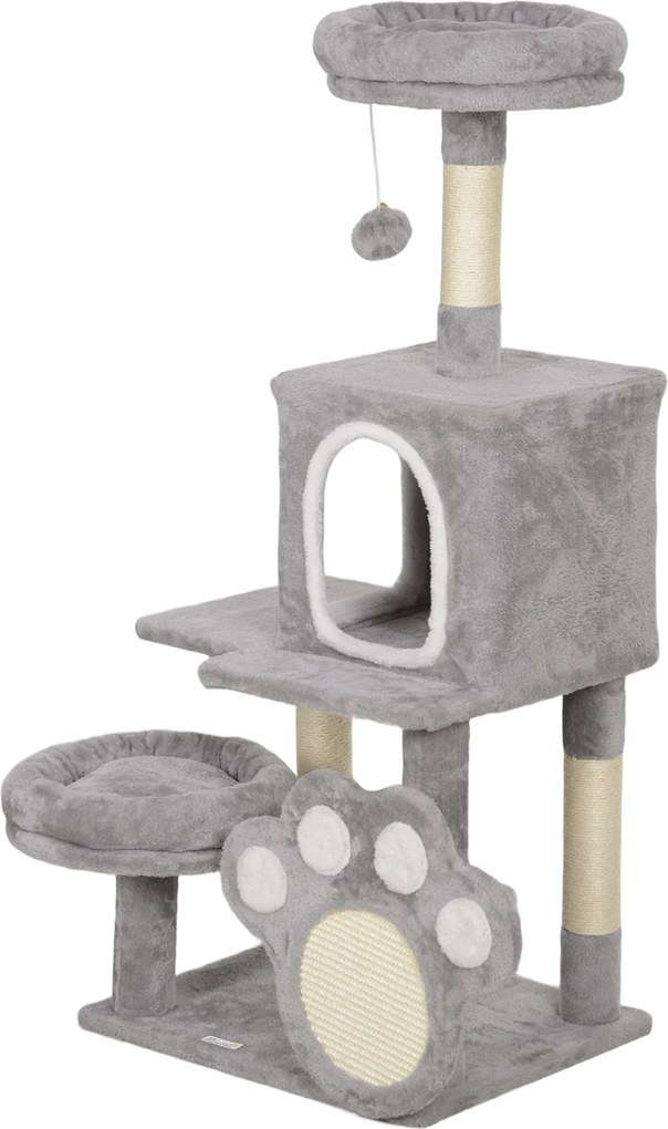PawHut Macska Kaparófája 110 cm - Macska Fa Torony Fészkekkel, Barlanggal, Platformmal, Kaparószőnyeggel és Lógó Labdával - Világosszürke | Aosom