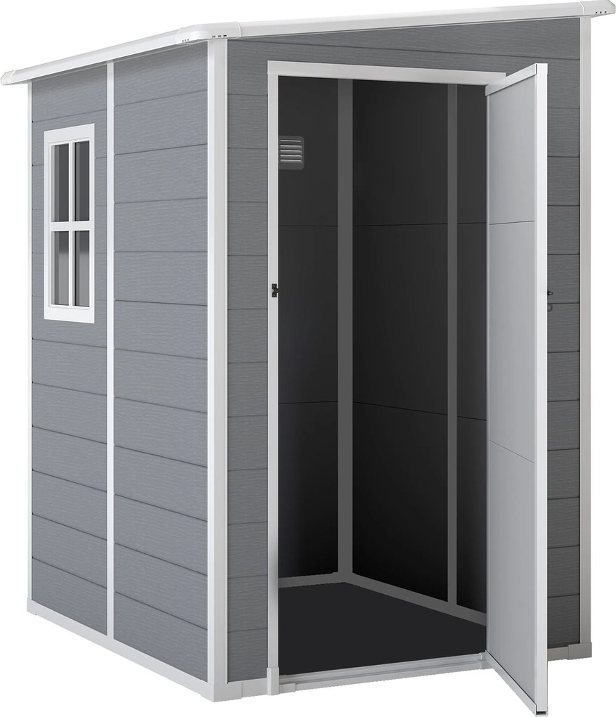 Outsunny Szerszámtároló 1.54m³, Kerthelyiség Penta Tetővel, Alapméret 122 x 149 x 192/177 cm, Időjárásálló Szerszámtároló Zárható Ajtóval, Ablakkal, M