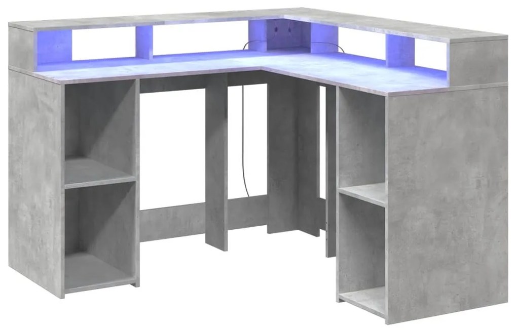 betonszürke szerelt fa íróasztal LED-világítással 130x130x91 cm