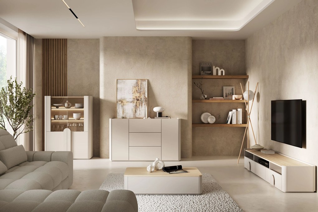 Amilio TV-szekrény 200 cm fiókos - kasmír / olajozott tölgy / kasmír fogantyú