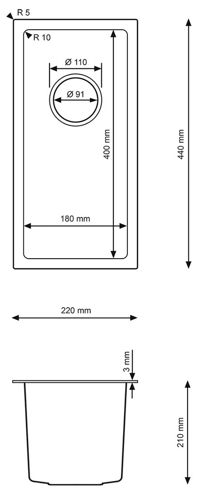 Erga HD, 1 kamrás acél mosogató 220x440x210 mm, grafit, ERG-MLS-HD2244B