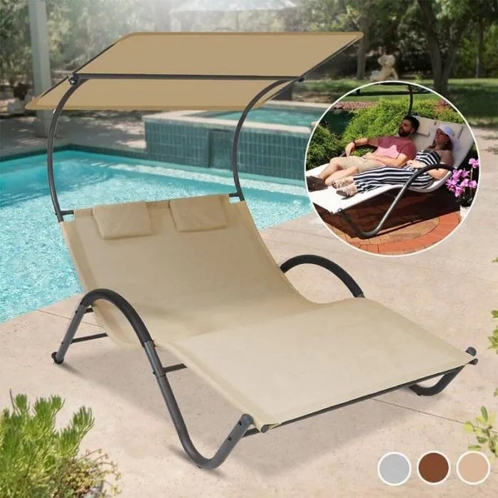 (INAKTIV, IMP) Prémium, döntött, kétszemélyes napozóágy, árnyékolóval - bézs