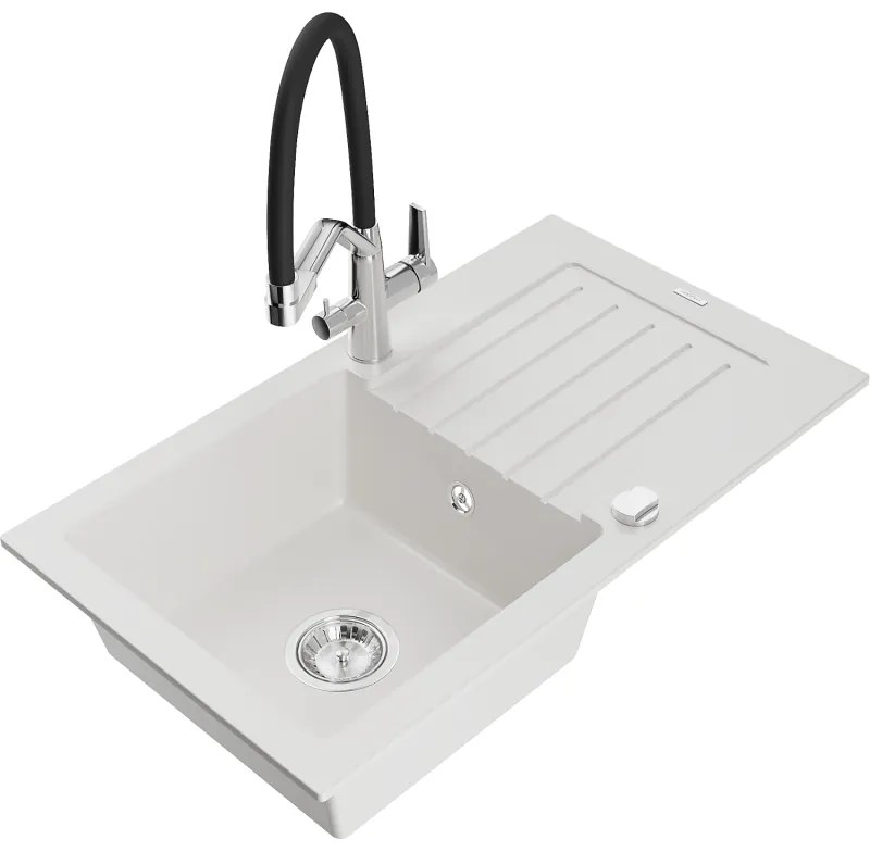 Mexen Pablo egymedencés gránit mosogató csepegtetővel és Duo konyhai csapteleppel, fehér - 6510-20-671701-07