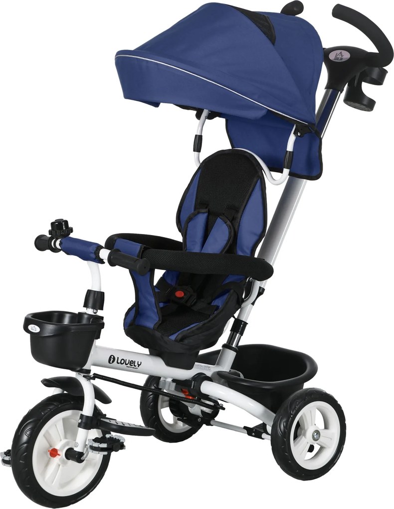 HOMCOM 6 az 1-ben Tricikli Tolózós Karral, Gyermek Tricikli Biztonsági Övvel, Összecsukható, Levehető Napernyővel, Kupa Tartóval, Kosárral, Pedállal,