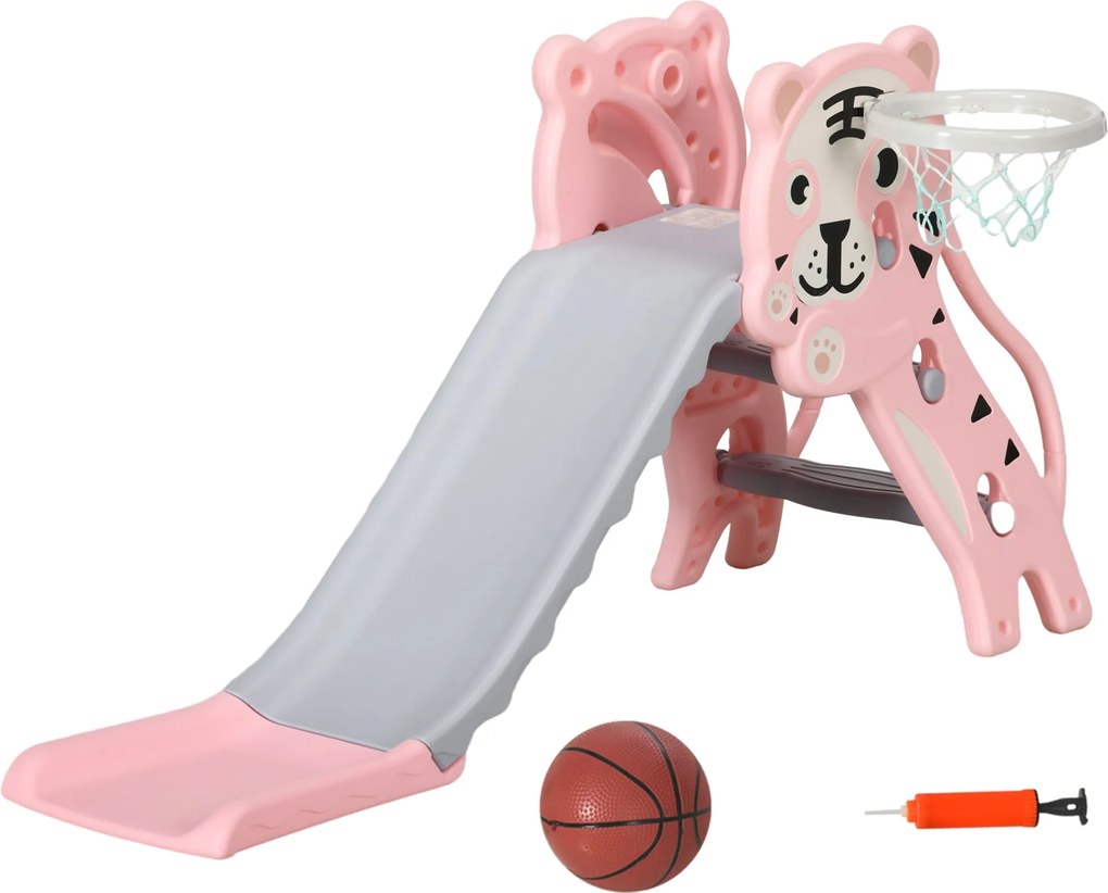 AIYAPLAY 3 az 1-ben Gyerekcsúszda 18-36 hónapos gyermekek számára 2 lépcsővel, 1 kosárral és állatmintával beltéri használatra 133x60x70 cm Rózsaszín