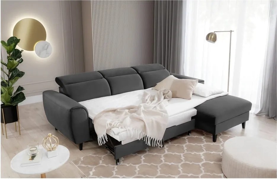 Sötétszürke bársony kinyitható-tárolóhelyes sarokkanapé (jobb oldali-heverő résszel) Foble – ELTAP