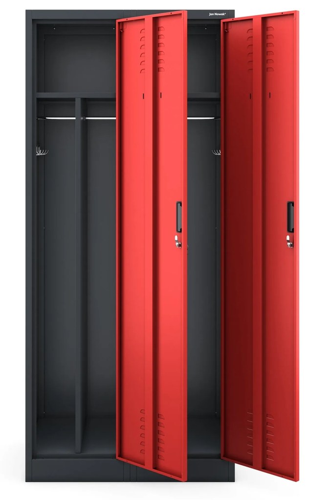Pléh öltözőszekrény talpazaton, kétmodulos, polccal és köztes fallal KACPER, 800 x 1800 x 500 mm, antracit-piros