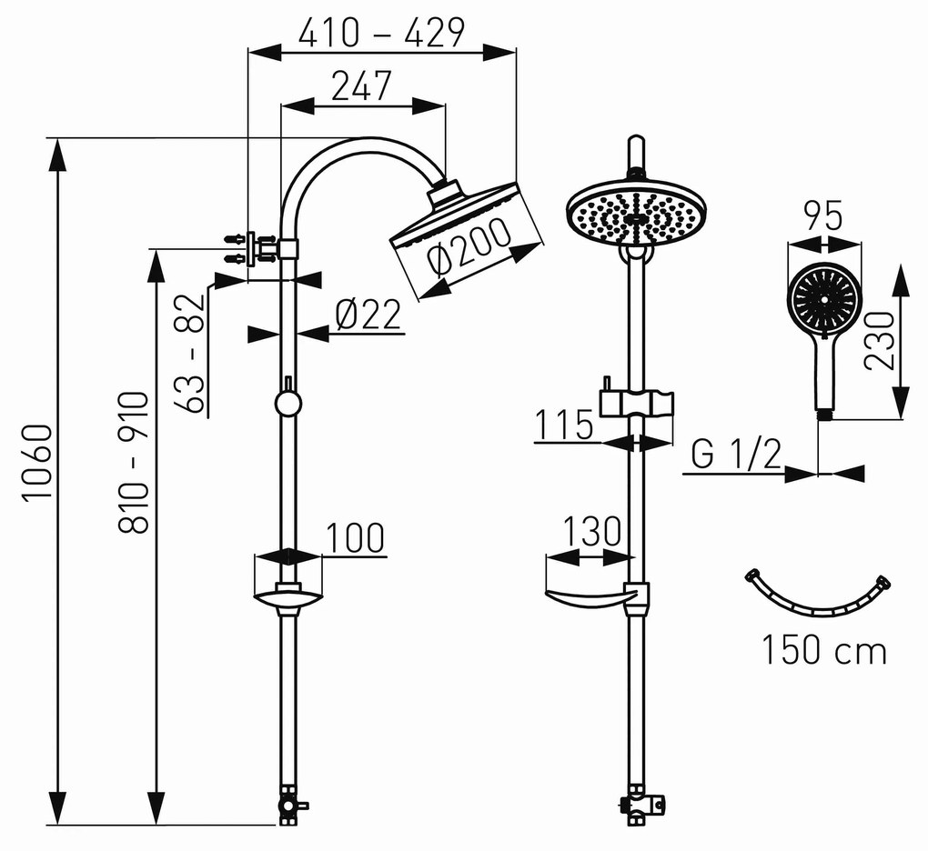 Novaservis Zuhanygarnitúrák - Zuhanygarnitúra, fej- és kézizuhany tartóval és tömlővel, magasság 1060 mm, króm, SET040.0