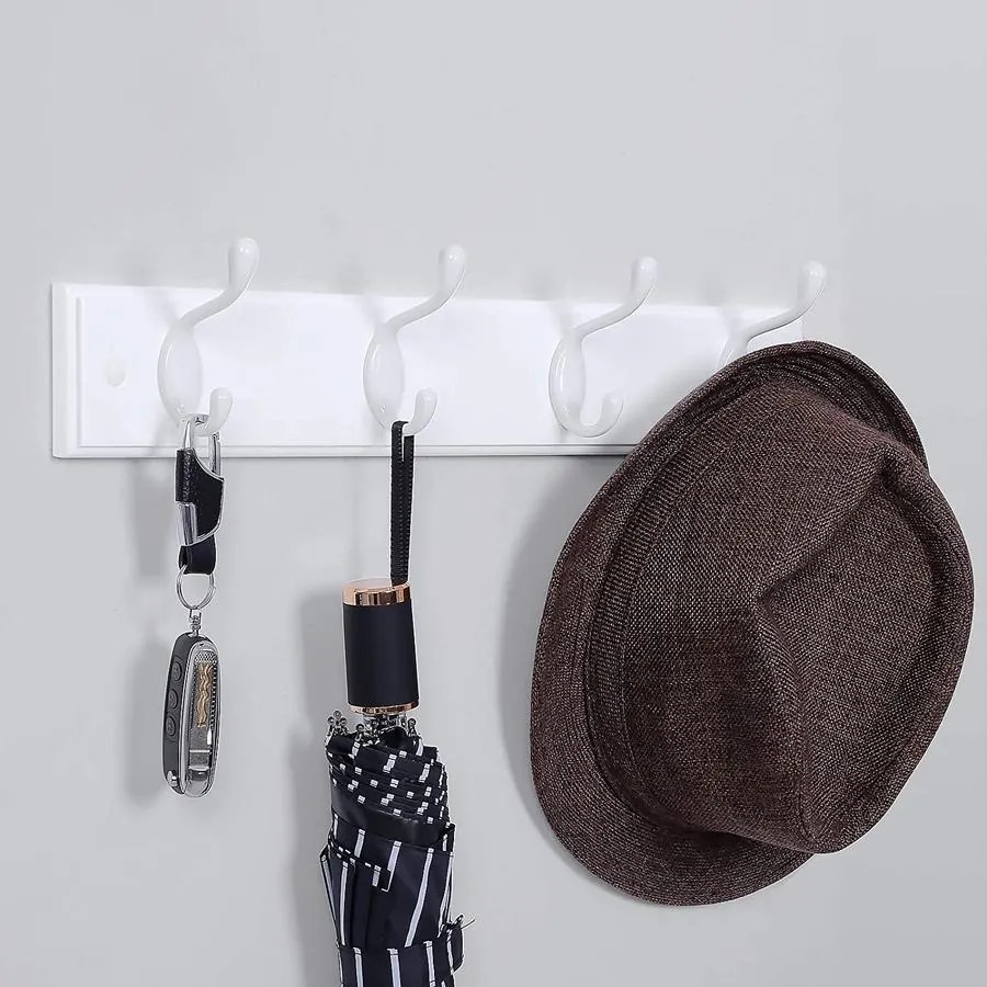 Fali fogas 4 fém kampóval, 40 x 7 x 9 cm, fehér