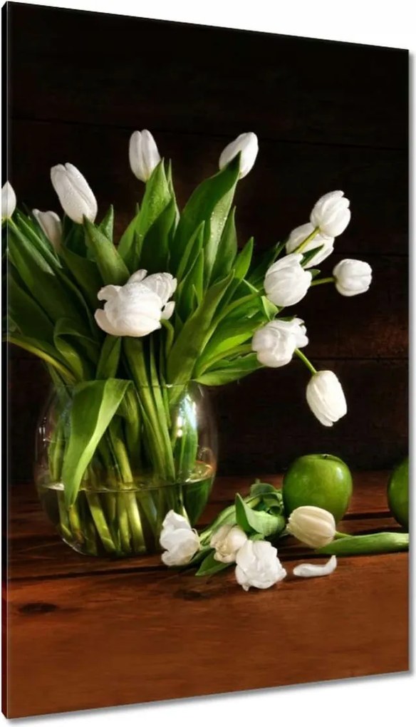 Vászonkép 80x120 Fehér tulipánok Sötét háttér