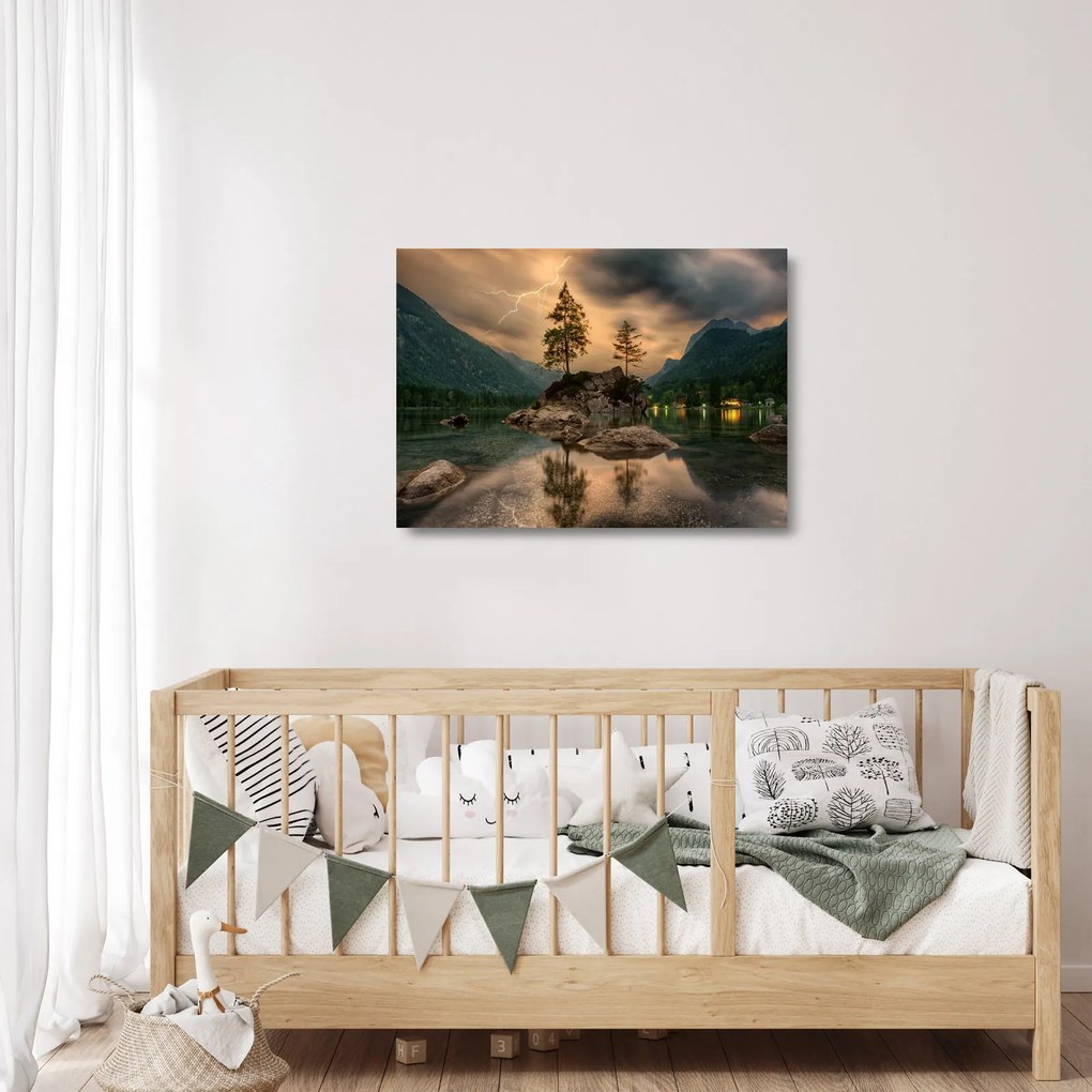Kép - tó a hegyekben (üvegen) (70x50 cm)