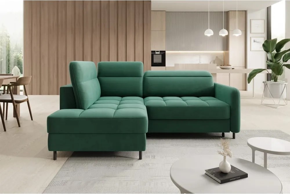 Zöld bársony kinyitható-tárolóhelyes sarokkanapé (bal oldali-L alakú) Barea – ELTAP
