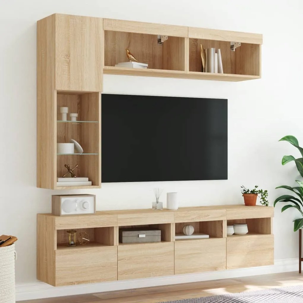 7 darab sonoma tölgy színű falra szerelhető TV-szekrény LED-del