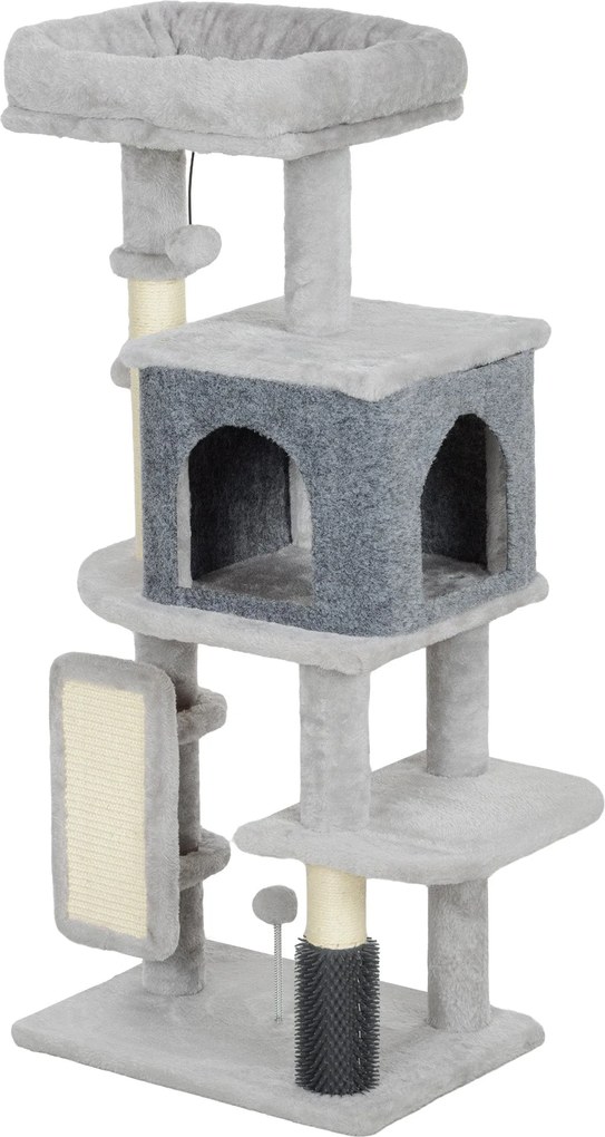 PawHut Macska Kaparófa 104 cm Magas Macska Torony Platformokkal, Kefével, Lógó Labdákkal és Kaparó Paddal - Világosszürke | Aosom