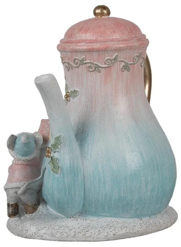 LED-es kékes rózsaszín teáskanna egerekkel karácsonyi dekoráció