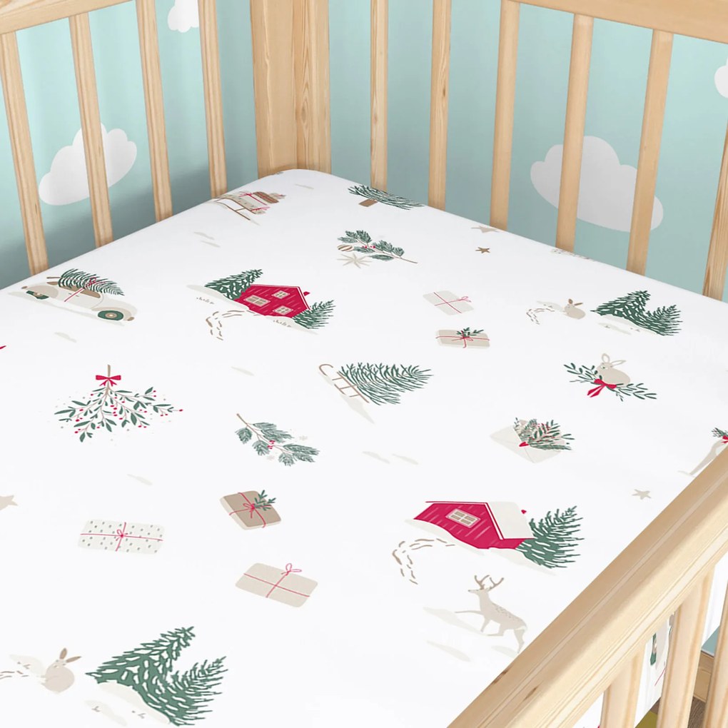 Goldea karácsonyi gyermek gumis pamut lepedő kiságyba - tradicionális karácsonyi 60 x 120 cm