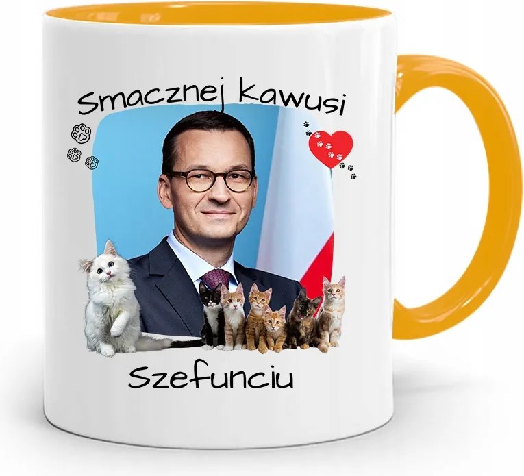 Sárga Politikus Bögre Mateusz Morawiecki Miniszterelnök fényképes nyomtatással