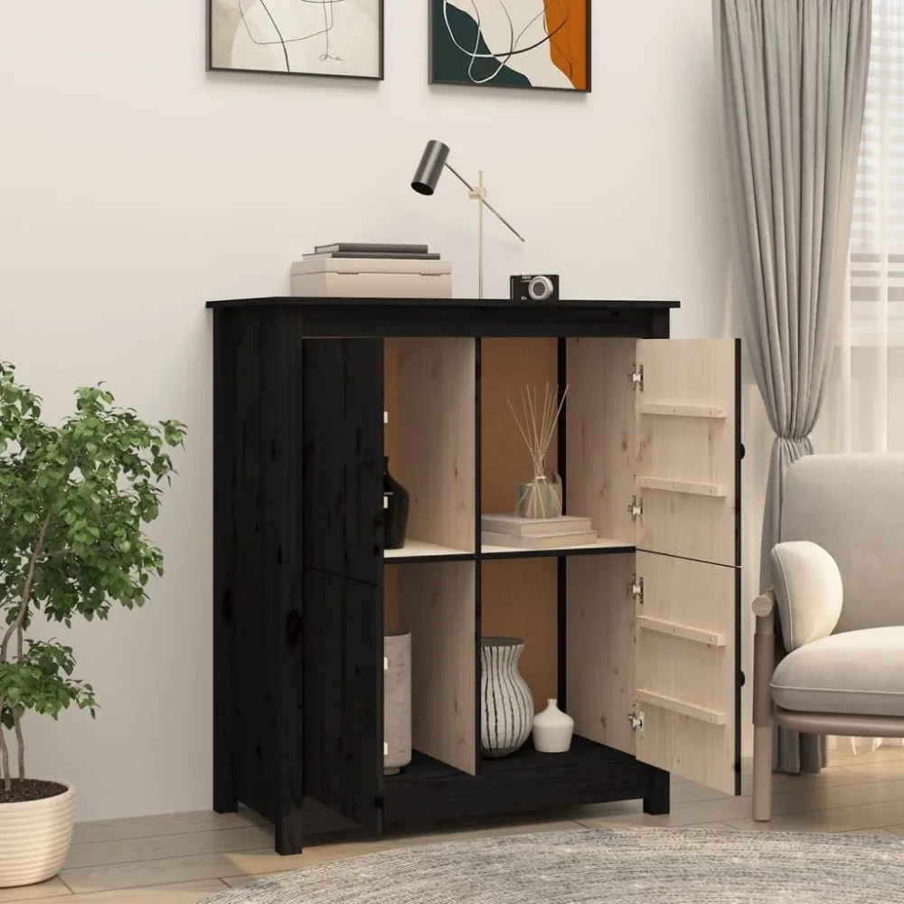 fekete tömör fenyőfa tálalószekrény 83 x 41,5 x 100 cm