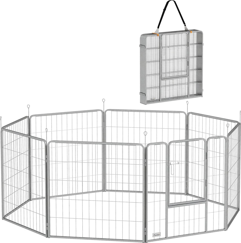 PawHut 8 Részes Kiskutya Játszókerítés – 8 Rácspaneles, Ajtós, Földbe Ásó Stakekkel A Szabadtéri Játszókerítéshez, 80 cm Magas Kutya Kennel, Háziállat