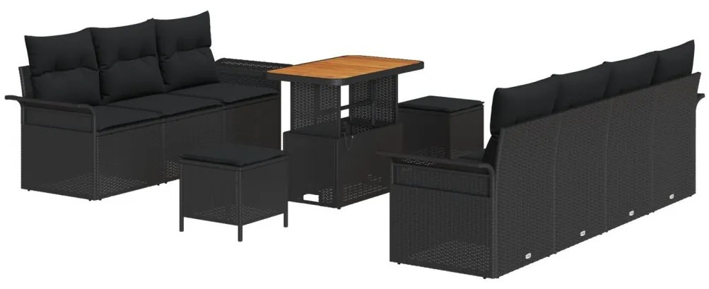 10 Darabos Kert Kanapé Szett Párnákkal Fekete Poli Rattan Akáccal, 2-Személyes Kert Kanapé Tárolóval &amp; Párnákkal Fekete Poli Rattan, 3 Darabos Kert Étkező Szett Párnákkal Fekete Poli Rattan Akáccal