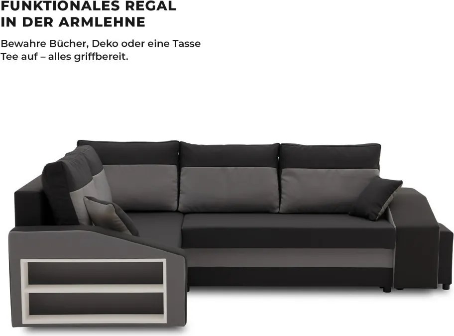 Grande sarokkanapé polcokkal és puffokkal , polc a bal karfaban puffok a jobb karfaban, baloldali, szövet anyag, bonell töltet, fekete - szürke