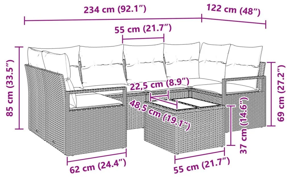 7 részes kerti kanapészett párnákkal világosszürke poli rattan, 2 üléses kerti kanapé párnákkal szürke poli rattan