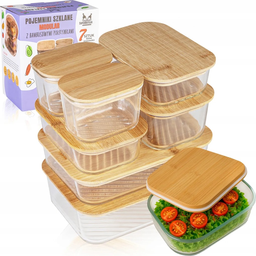 7x Iskolai Ételtároló Dobozok Organizer Lunchbox Bambusz Fedéllel