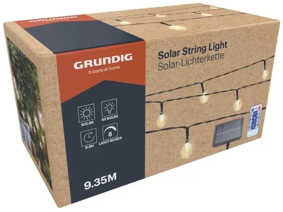 Grundig - LED napelemes fényfüzér 50 LED, 8 funkció, 9,35 m, IP44, meleg fehér +
