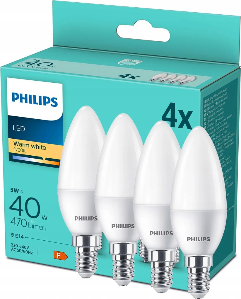 4PAK Led izzó E14 B35 5W 40W 470lm 2700K Meleg tejes Philips