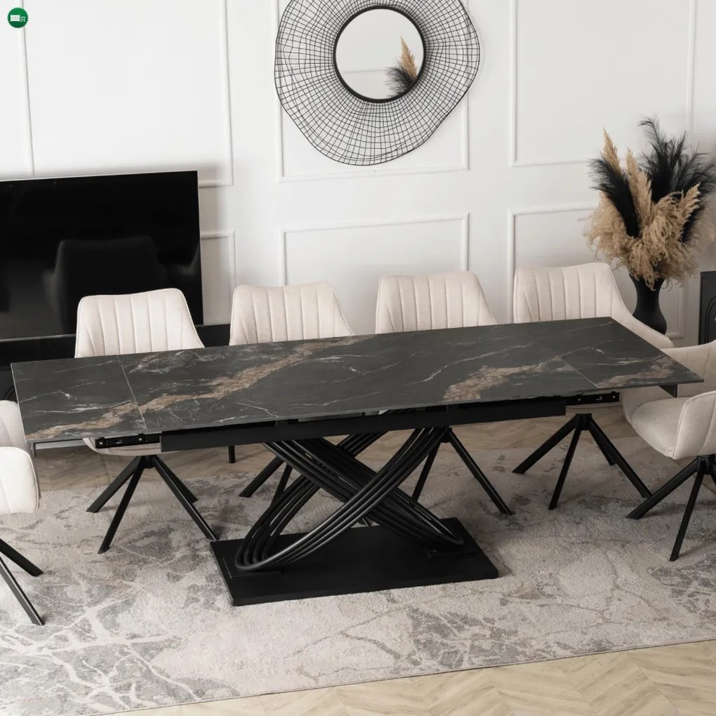 szett étkezőasztal IBIZA 160-240 cm fekete márvány/fekete és 4 szék MUMBAI krémszínű