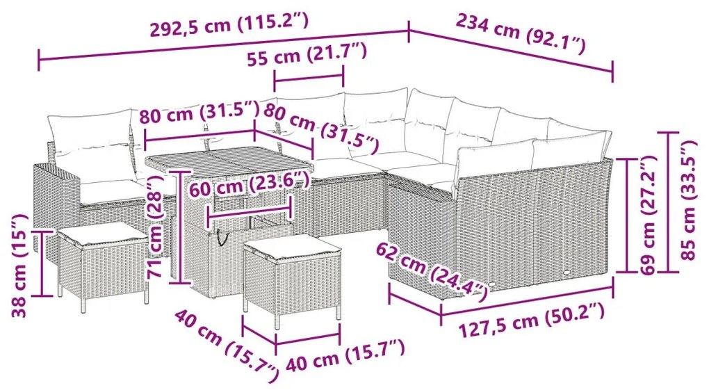 12 részes kertikészlet párnákkal Bézs poli rattan akáccal, 3 részes kert étkező szett párnákkal Bézs poli rattan akáccal