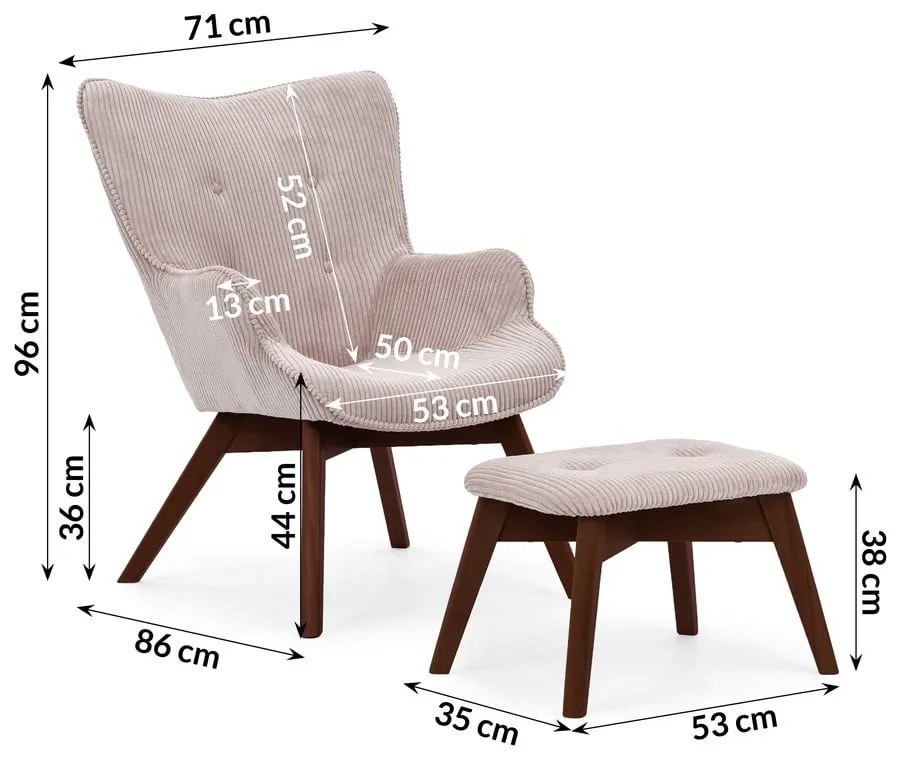 Világos rózsaszín kordbársony fotel lábtartóval Niko – Ropez