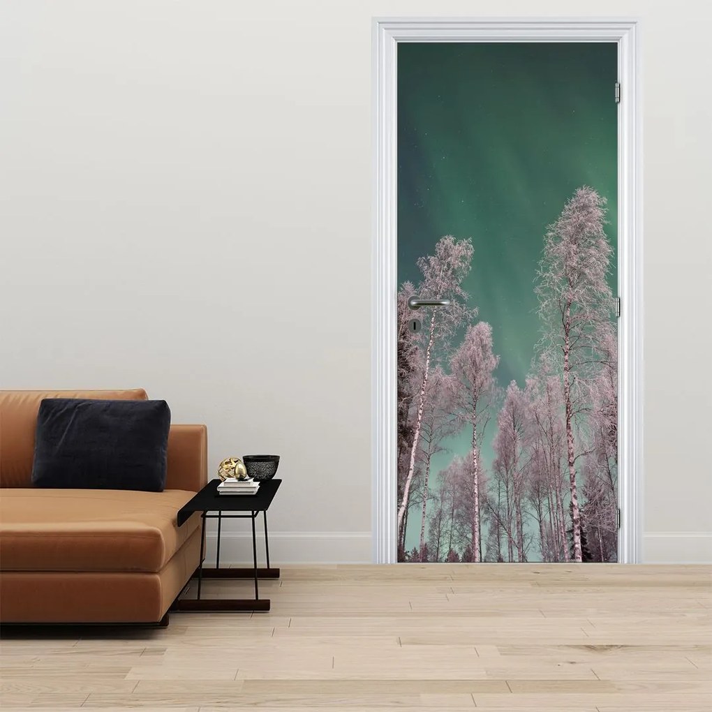 Fotótapéta ajtóra - Északi fény fagyott fák felett (95x205cm)