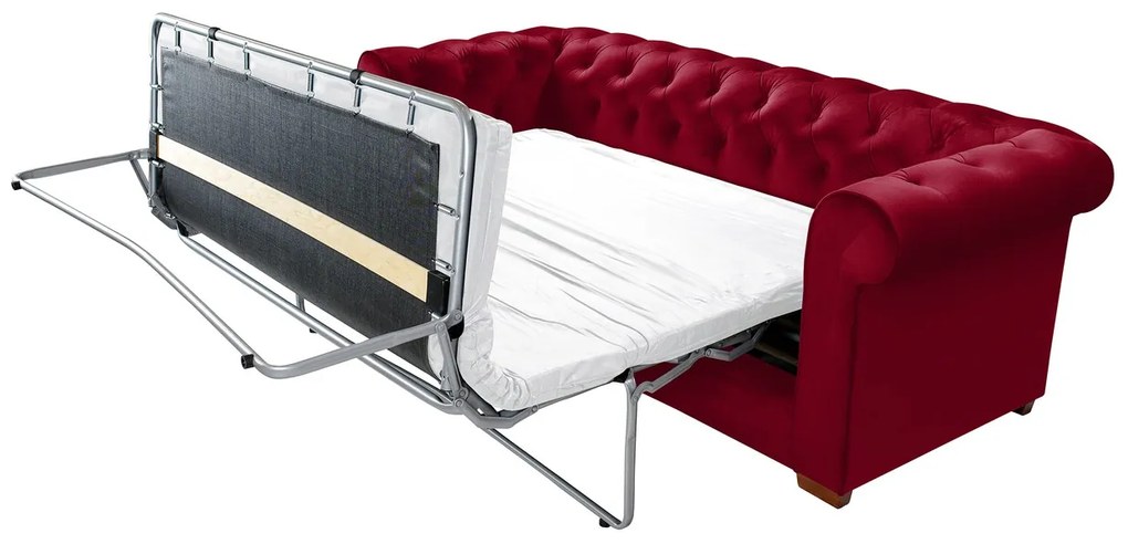 Oxford Chesterfield Kihúzható Kanapé, 88x216x75 cm, 3 személyes, piros
