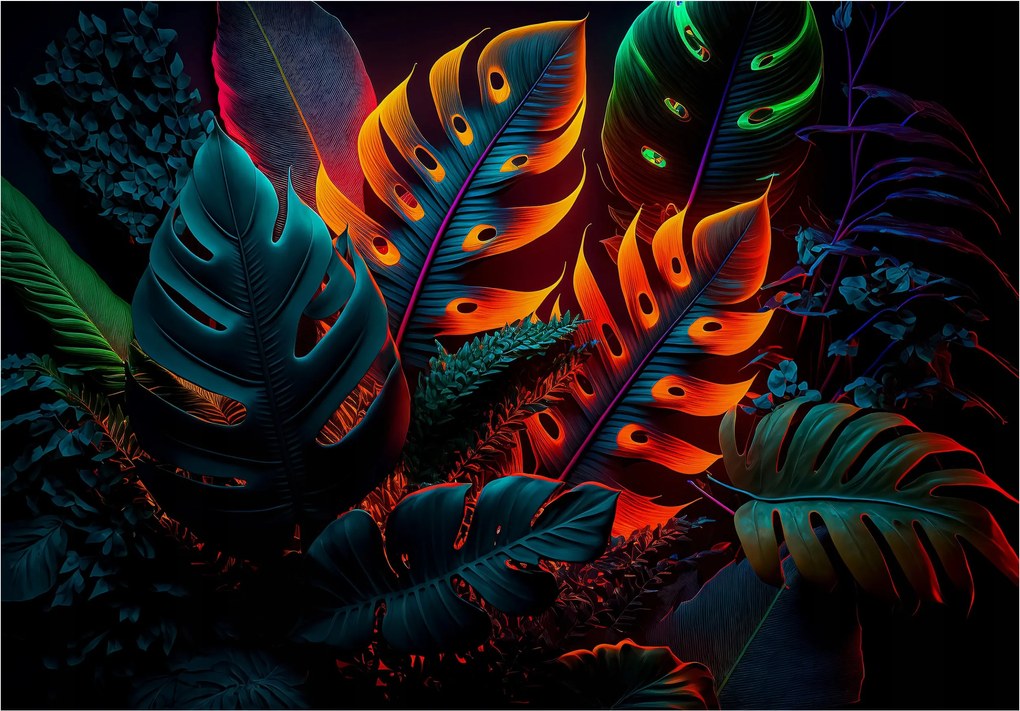 Fotótapéta Trópusi Neon Dzsungel levelek fekete alapon 400x280 +ragasztó