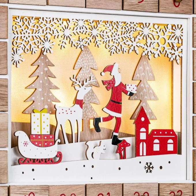 SANTA CLAUS fa adventi naptár világítással, 35x6x27cm, fehér/barna Spielwerk
