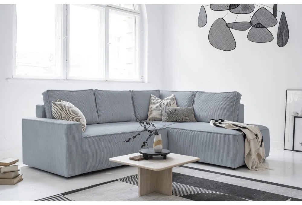 Világosszürke kordbársony kinyitható sarokkanapé (jobb oldali) Brave Dave – Miuform
