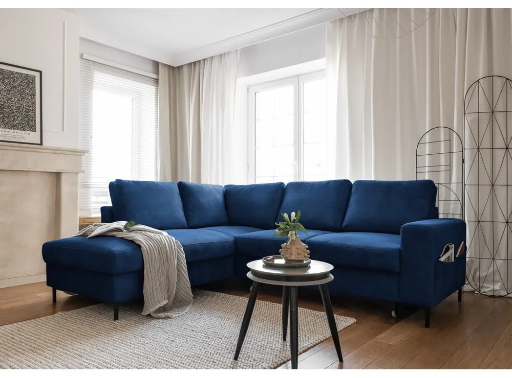 Sötétkék kordbársony kinyitható sarokkanapé (bal oldali) Lofty Lilly – Miuform
