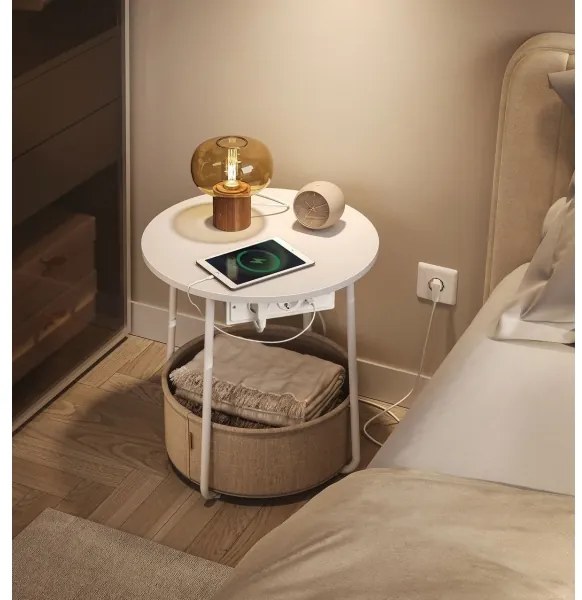 Kisasztal beépített aljzatokkal és USB-portokkal NOIRA bézs/fehér